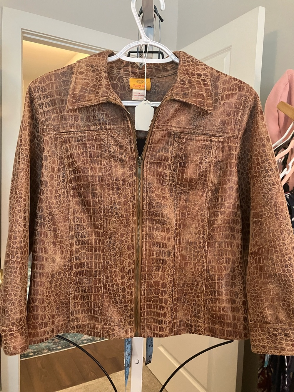 Croc-Embossed Brown Zip-Front Faux Leather Jacket